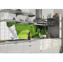 Scène de cuisine avec plan de travail, évier, robinet et crédence avec motif végétal