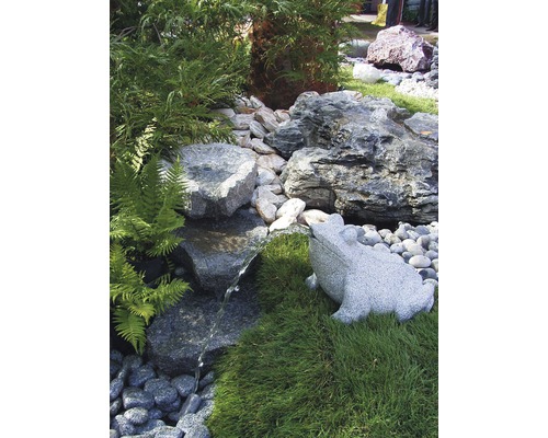 Gartenszene mit Steinen, Bachlauf und Froschfigur