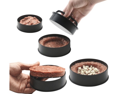 Presse à hamburger avec viande et fromage à différentes étapes de la préparation.