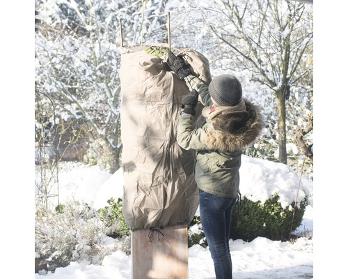 Une femme fixe une housse de protection pour plantes sur une plante dans un jardin d''hiver.