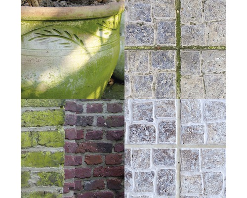 Collage de différents matériaux : pot de fleurs, pavés et mur de briques