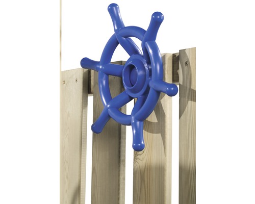 Volant bleu en plastique pour aire de jeux sur une clôture en bois