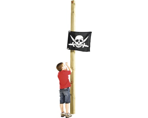 Holzmast mit Piratenflagge und Kind