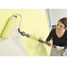 Femme peignant un mur avec un rouleau à peinture avec réservoir de peinture