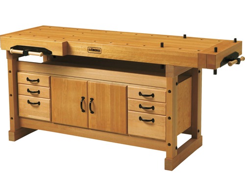 Werkbank aus Holz mit Schubladen und Schrankfächern.