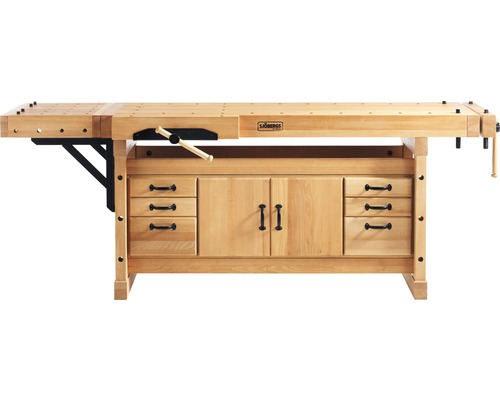 Établi en bois avec tiroirs et compartiments de placard.