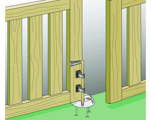 Illustration eines Holztors mit einem Torriegel zur Befestigung.