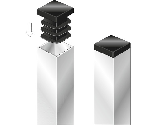 Illustration eines Rohrstopfens vor und nach der Montage an einem Vierkantrohr