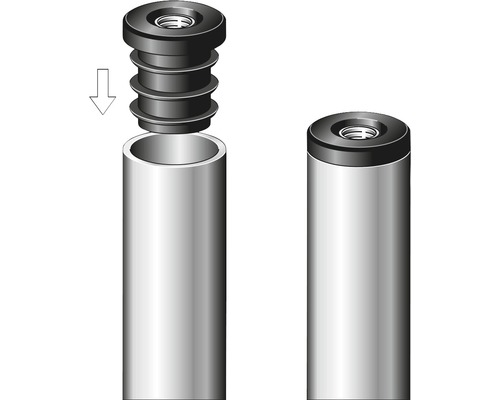 Darstellung einer Rohrkappe mit Gewinde vor und nach der Montage auf einem Rohr.