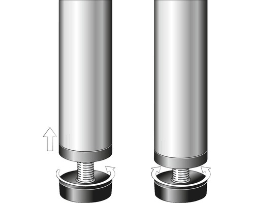 Illustration zeigt ein Möbelbein mit Verstellfuß und Pfeilen für die Höhenverstellung.