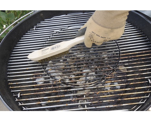 Nettoyage d''une grille de barbecue avec une brosse pour barbecue