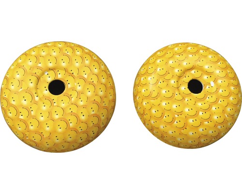 Deux poids jaunes avec motif de smiley et trou au milieu