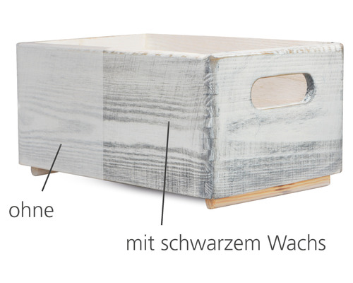 Holzkiste mit Griffen, unbehandelt und mit schwarzem Wachs behandelt
