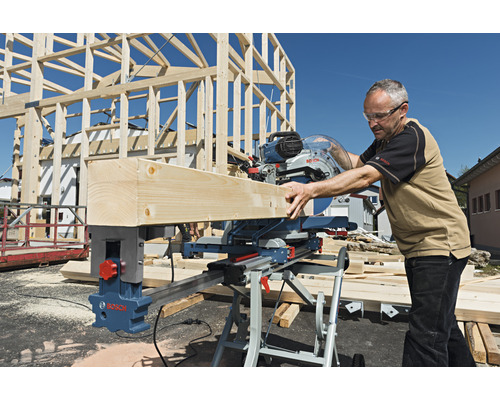 Mann arbeitet mit einer Bosch Kapp- und Gehrungssäge auf einer Baustelle.