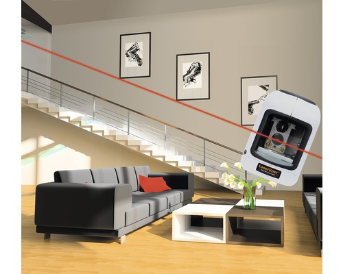 Laserliner Logo in einem hellen Wohnzimmer mit Laserlinie