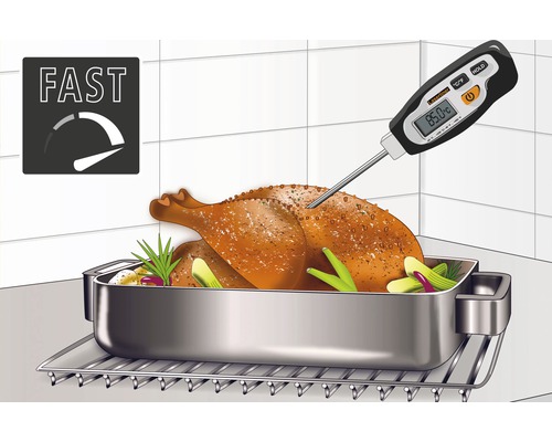 Braten im Bräter mit Bratenthermometer und Schnell-Symbol