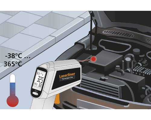 Laserliner Thermospot One Infrarot Thermometer im Einsatz zur Temperaturmessung im Motorraum