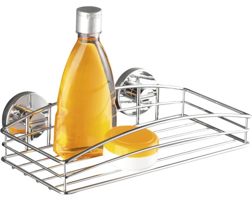 Eckregal für die Dusche mit Saugnapfbefestigung, gefüllt mit einer Flasche und einem Tiegel