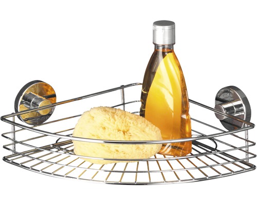 Étagère d''angle en métal avec éponge et bouteille