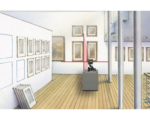 Illustration d''une salle de musée avec un laser pour aligner des tableaux