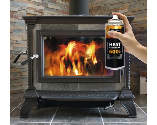 Dargestellt ist ein Kaminofen und eine Dose Hitzebeständiges Spray 600 Grad.