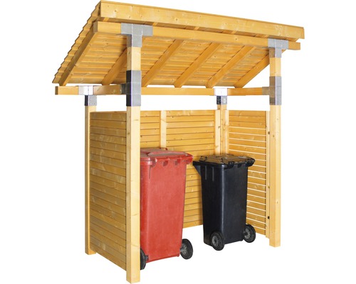 Mülltonnenbox aus Holz mit zwei Mülltonnen