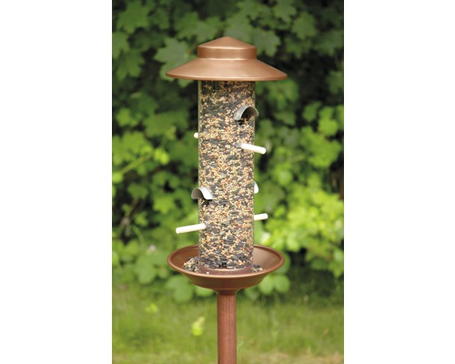 Mangeoire à oiseaux avec support, remplie de graines pour oiseaux