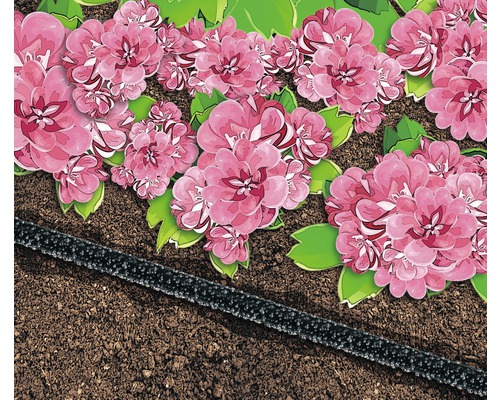 Illustration von Gartenbewässerung mit Tropfschlauch neben Blumen.