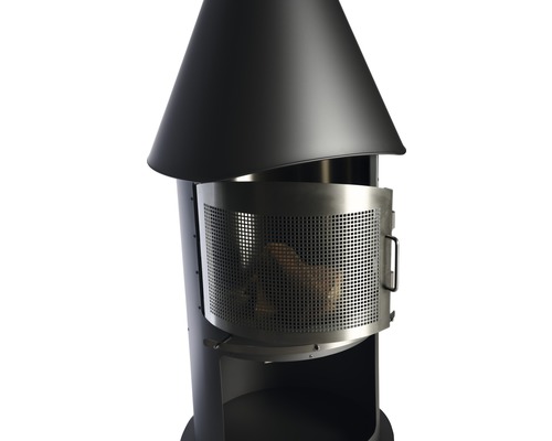 Feuerstelle mit Metallgittertür und kegelförmigem Schirm