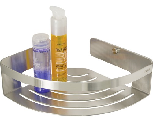 Eckregal aus Metall mit zwei Pflegeprodukten