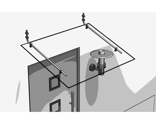 Illustration d''une construction d''auvent avec une plaque de verre et des supports métalliques au-dessus d''une porte