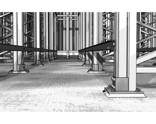 Supports d''étagères sur sol en béton dans un entrepôt