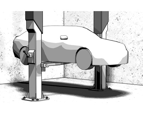 Voiture sur un pont élévateur pour réparation ou entretien.