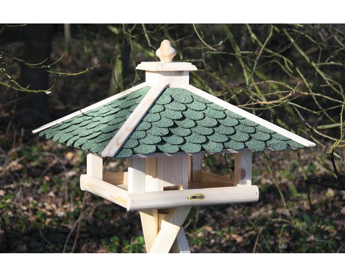 Mangeoire à oiseaux avec toit vert et support en bois