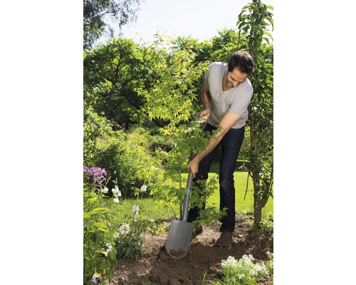 Un homme creuse un trou dans le jardin avec une bêche.