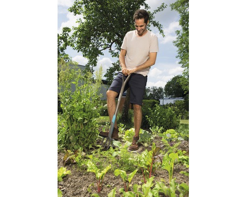 Ein Mann arbeitet mit einer Grabegabel im Gemüsegarten.