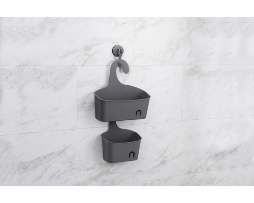 Grauer Duschkorb mit zwei Ablagen zur Wandmontage mit Saugnapf