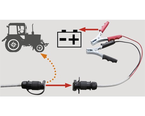 Diagramm eines Batterieladegerätes für Traktoren mit Klemmen