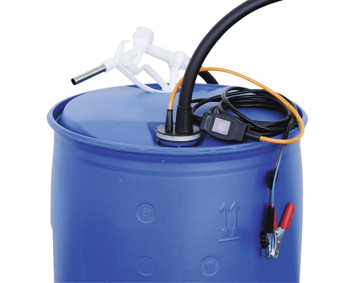 Tonne bleue avec pompe à fût électrique et pistolet de remplissage