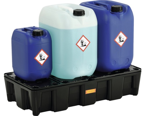 Bac de rétention avec récipients, symbole de danger: danger pour l''environnement