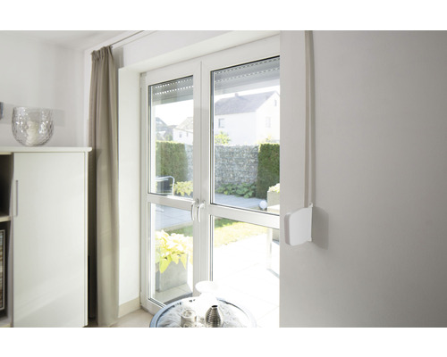 Blick durch eine Terrassentür auf einen Garten mit Rolladenkasten