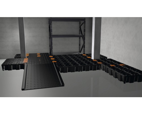 Scène avec des dalles de sol noires et une étagère