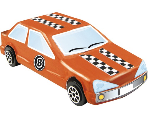 Voiture jouet orange avec motif en damier