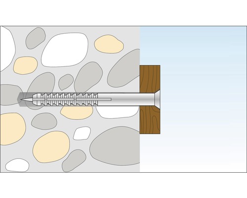Illustration d''une vis vissée à travers une planche de bois dans un mur en pierre.