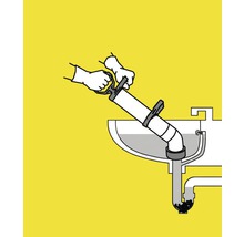 Illustration d''une pompe manuelle de débouchage de canalisations en cours d''utilisation sur un siphon de lavabo