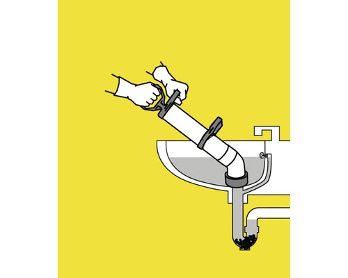 Illustration d''une pompe manuelle de débouchage de canalisations en cours d''utilisation sur un siphon de lavabo