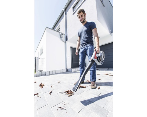 Un homme utilise un aspirateur à feuilles devant une maison pour enlever les feuilles.