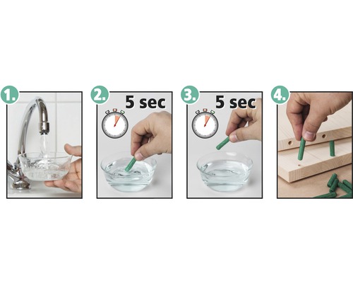 Instructions pour l''utilisation des tourillons de dilatation en quatre étapes : robinet, tremper le tourillon dans l''eau pendant cinq secondes, retirer le tourillon et l''insérer dans une planche de bois