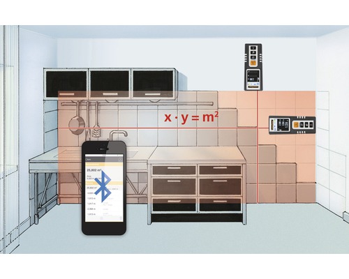 Croquis d''une cuisine avec télémètre laser et smartphone pour mesurer les surfaces