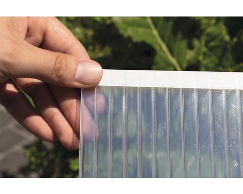 Imperméabilisation pour panneaux alvéolés Vitavia S 2500-3800 Une personne tient une plaque alvéolaire transparente avec un bord blanc.